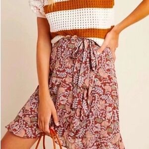 Anthropologie Floral Print Wrap Mini Skirt Brown Pink Green Lightweight S